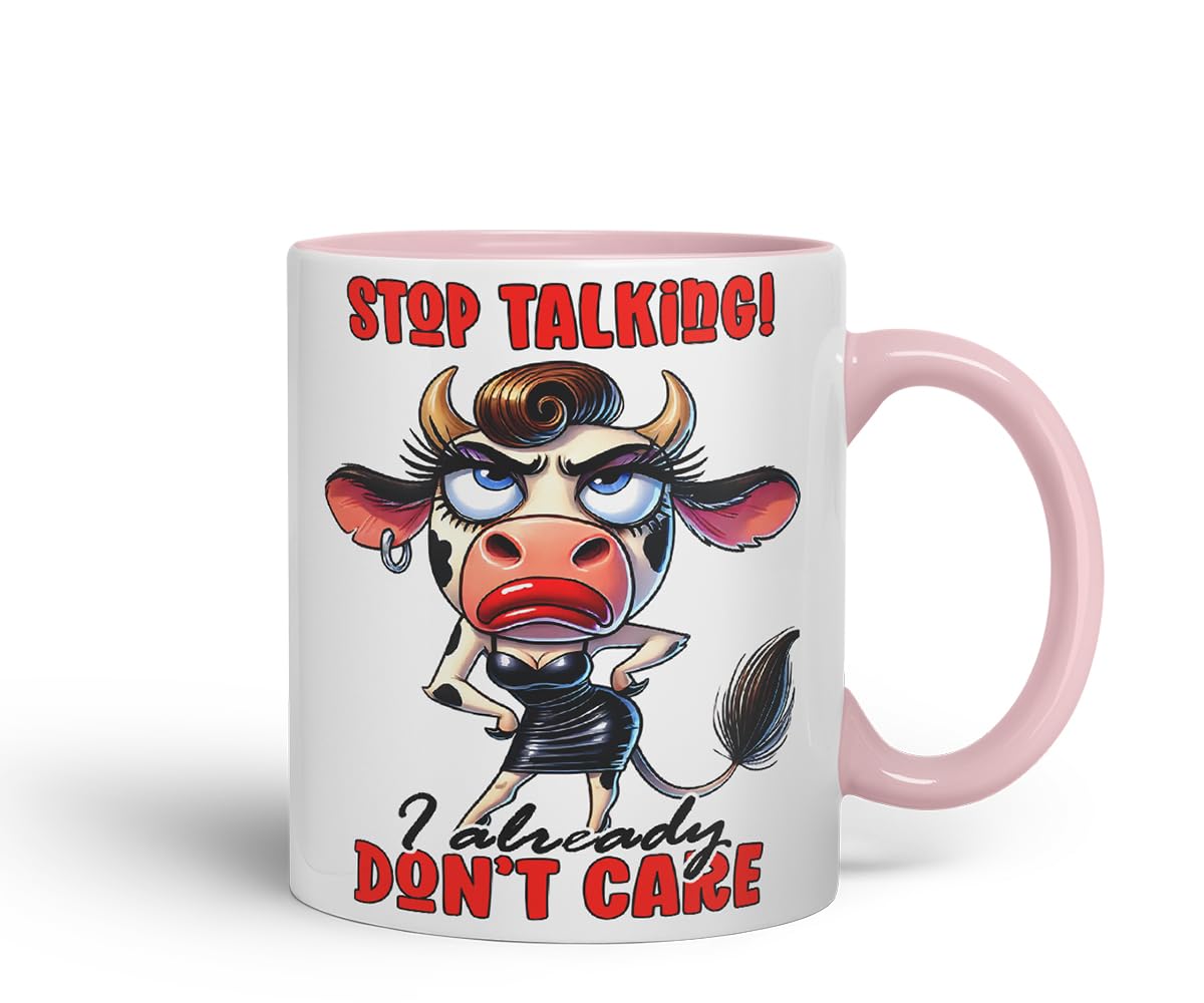 Vixar Stop Talking I Already Don't Care Funny Cow – Coloured Ceramic Mug Cup Gift, 11oz (Black)