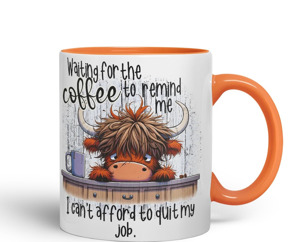 Vixar Waiting for The Coffee to Remind Me I Can’t Afford to Quit My Job Funny Highland Cow Coloured Mug Cup 11oz (Black)