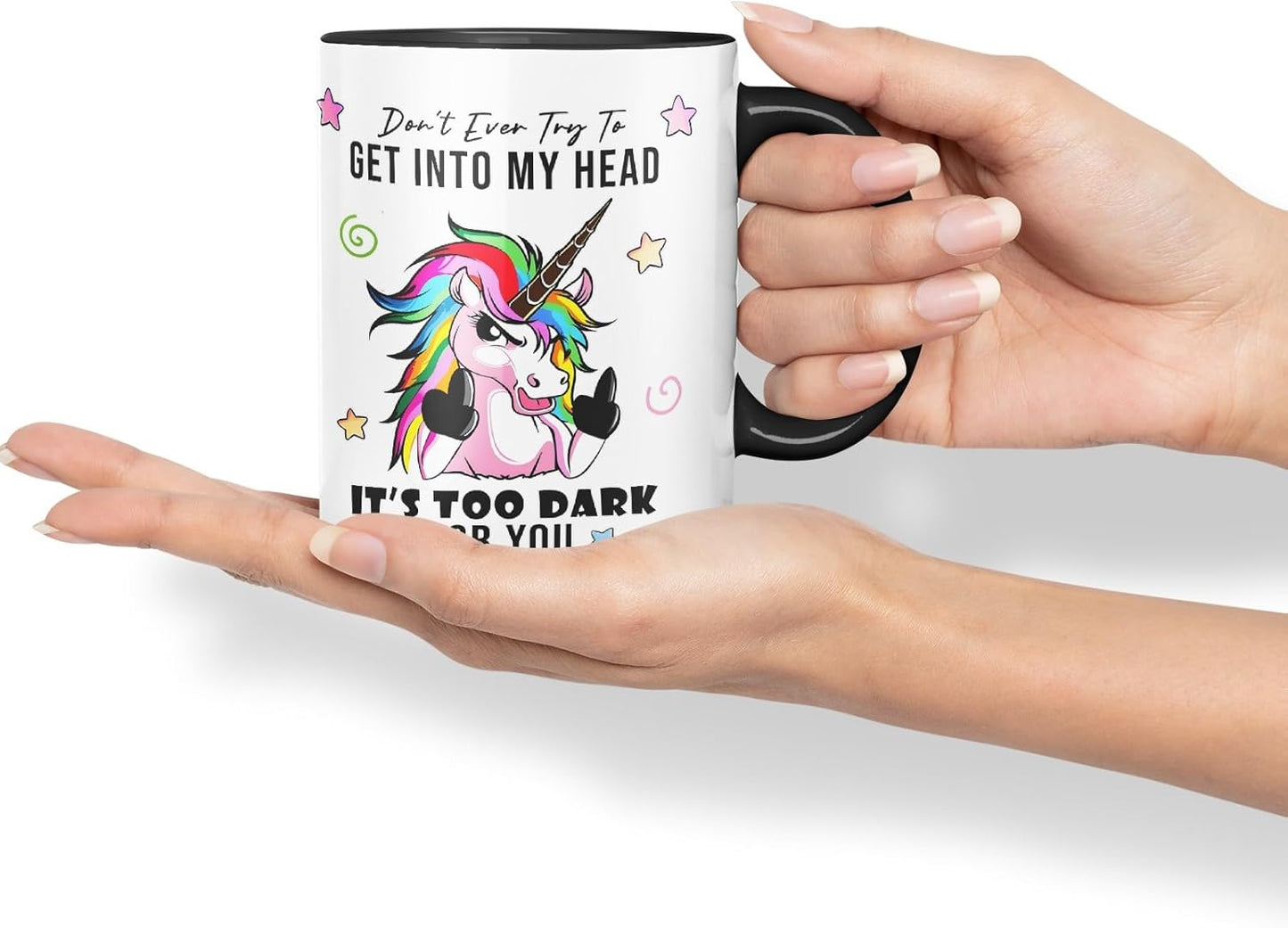 Vixar Don’t Ever Try to Get Into My Head – Funny Unicorn Coloured Mug Cup 11oz (Black)