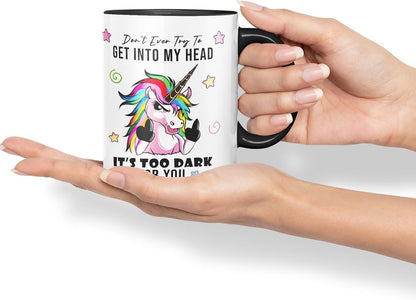 Vixar Don’t Ever Try to Get Into My Head – Funny Unicorn Coloured Mug Cup 11oz (Black)