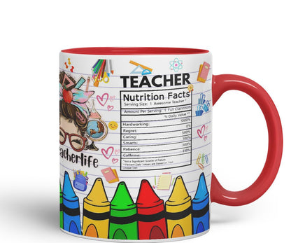 Vixar Teacher Nutrition Facts #teacherlife Mug Thank You, End of School Gift Ceramic Coloured Mug Cup for Tea Coffee Hot Brew 330ml 11Oz Gift TF1