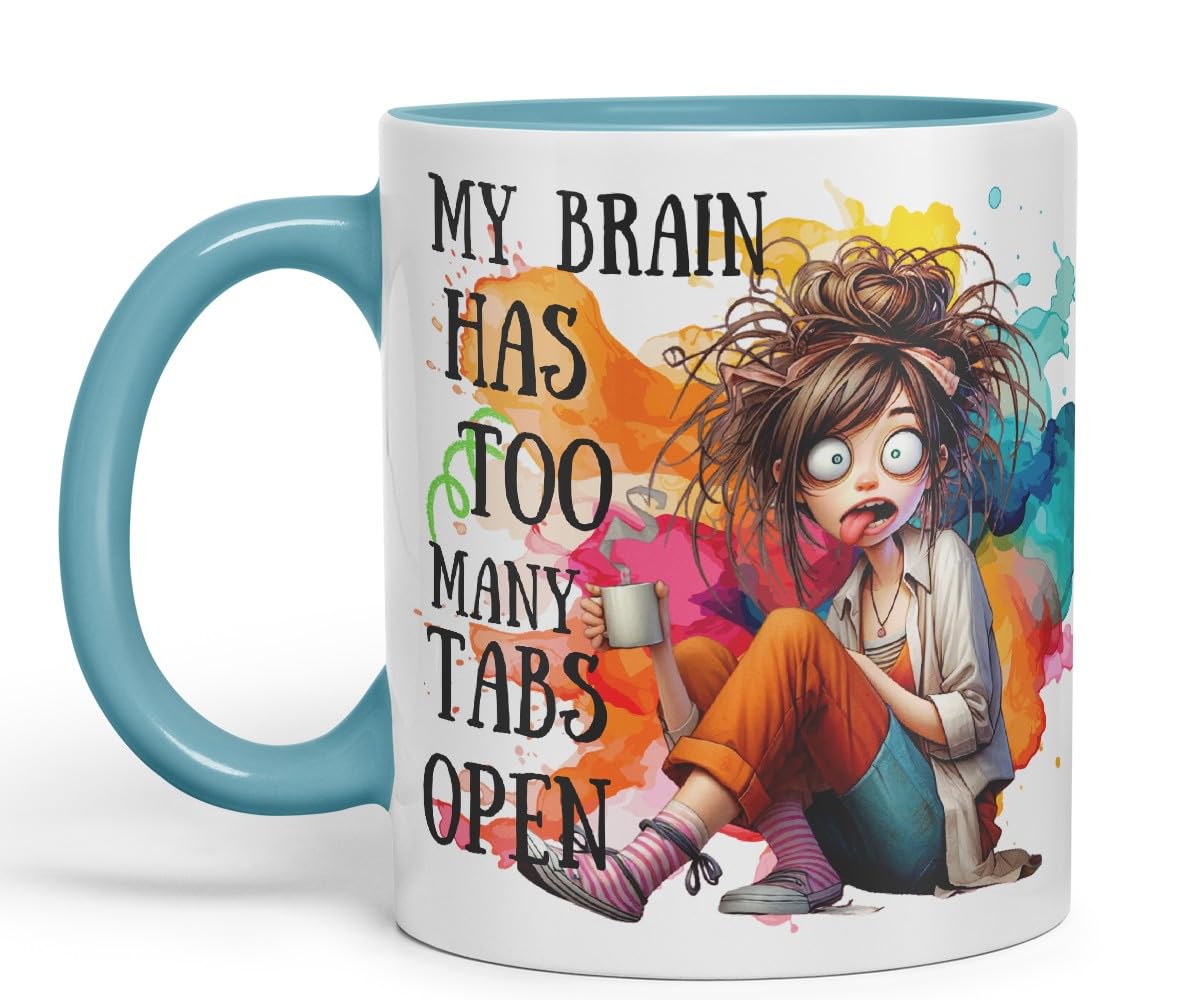 Vixar My Brain Has Too Many Tabs Open Mug – Coloured Ceramic Mug Cup Gift, 11oz (Black)