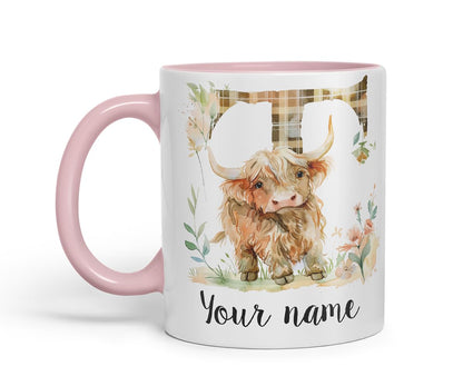 Vixar Personalised Highland Cow Initial Letter T Custom Name Mug – Coloured Ceramic Mug Cup Gift, 11oz (Black)