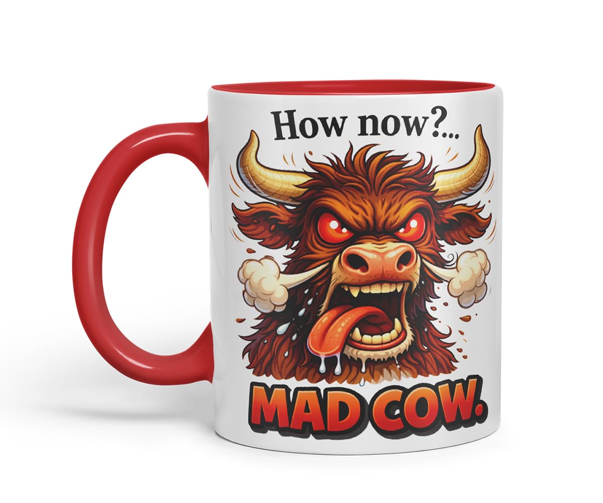 Vixar How Now Mad Cow Funny Highland Cow Mug – Coloured Ceramic Mug Cup Gift, 11oz (Black)