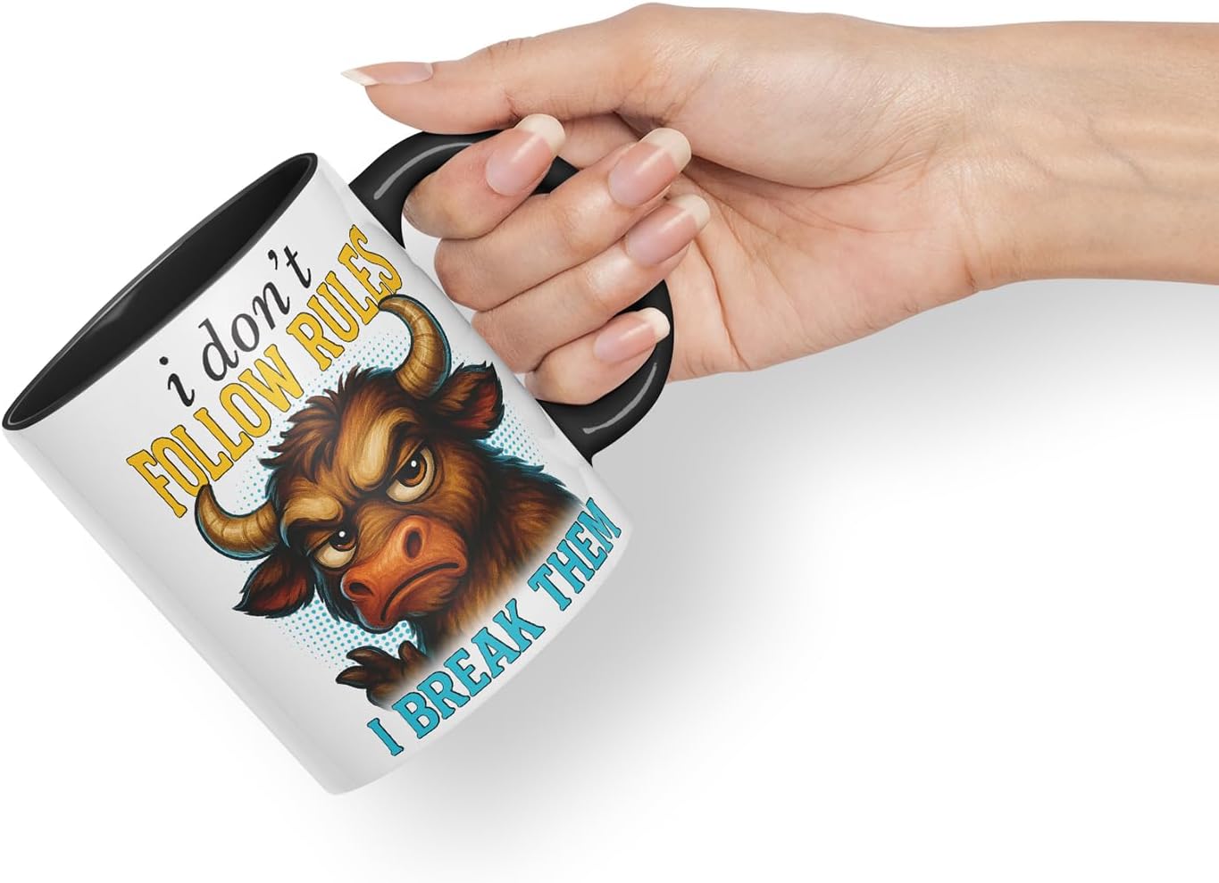 Vixar I Don't Follow Rules I Break Them Funny Bull Mug – Coloured Ceramic Mug Cup Gift, 11oz (Black)