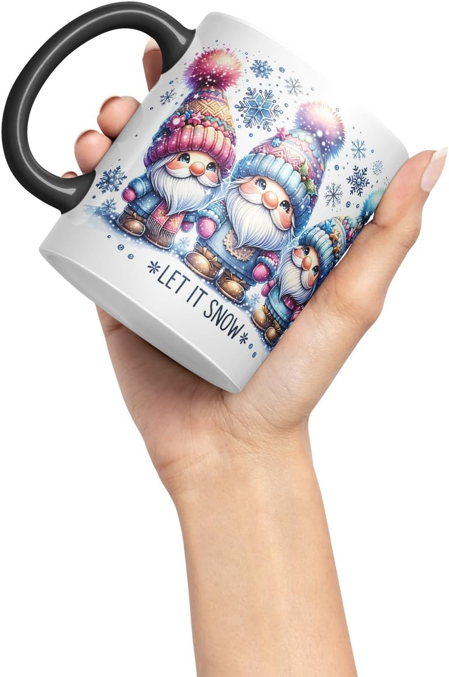 Vixar Let It Snow Cute Christmas Gnomes Coloured Mug Cup Winter Gift 11oz (Black)