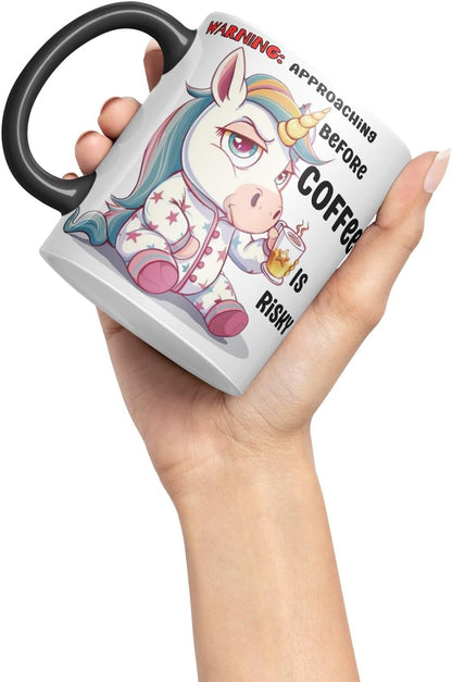 Vixar Warning Unicorn Coffee Mug – Approaching Before Coffee is Risky – Coloured Ceramic Mug Cup Gift, 11oz (Black)