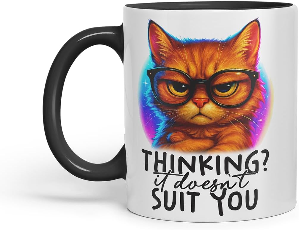 Vixar Thinking It Doesn't Suit You Sarcastic Cat – Coloured Ceramic Mug Cup Gift, 11oz (Black)