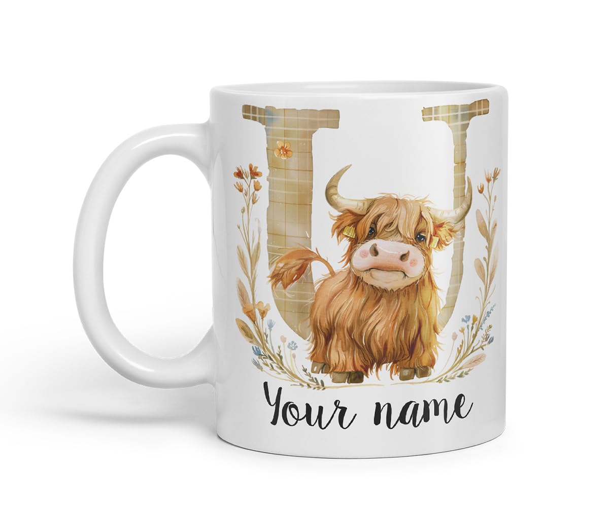 Vixar Personalised Highland Cow Initial Letter U Custom Name Mug – Coloured Ceramic Mug Cup Gift, 11oz (Black)
