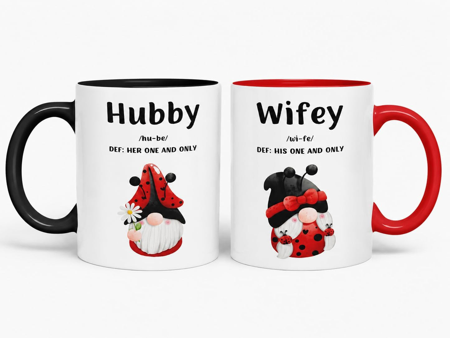 Vixar Hubby and Wifey Definition Gnome Couple Mugs – Coloured Ceramic Mugs Cups Gift, 11oz, Set of 2