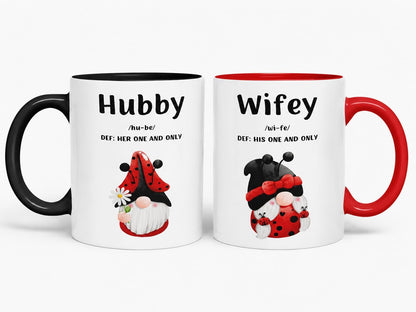Vixar Hubby and Wifey Definition Gnome Couple Mugs – Coloured Ceramic Mugs Cups Gift, 11oz, Set of 2