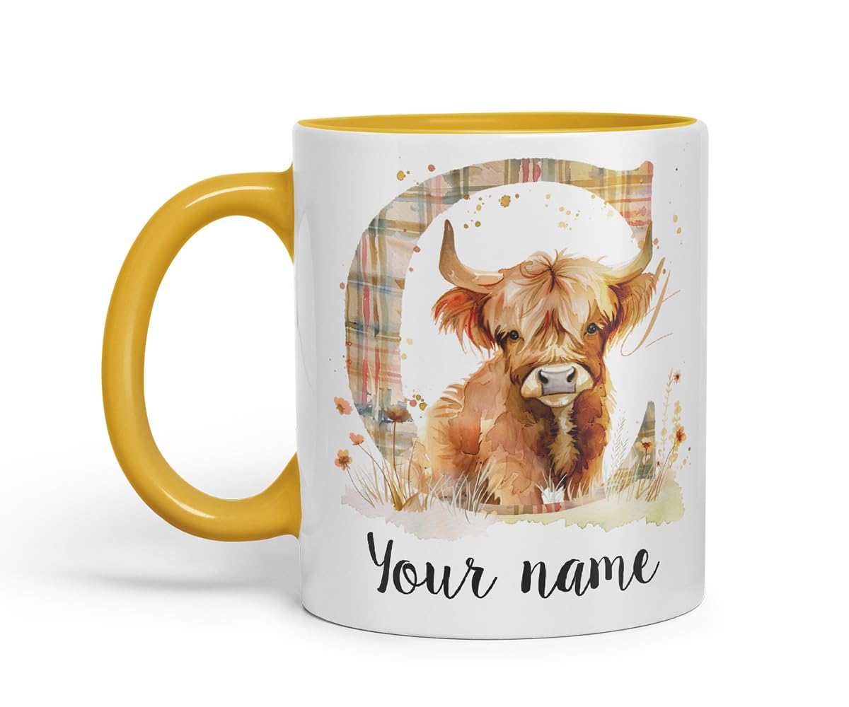 Vixar Personalised Highland Cow Initial Letter C Custom Name Mug – Coloured Ceramic Mug Cup Gift, 11oz (Black)