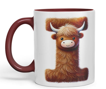 Highland Cow Alphabet Monogram Coloured Ceramic Cup Mug Letter I Rustic Farmhouse Animal Letter Gift V2 11oz (Black)