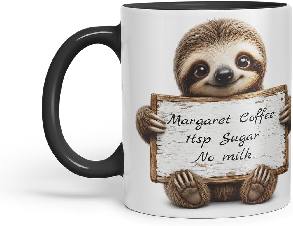 Vixar Personalised Sloth Mug with Name or Custom Message – Cute Animal Coloured Ceramic Mug Cup Gift, 11oz (Black)