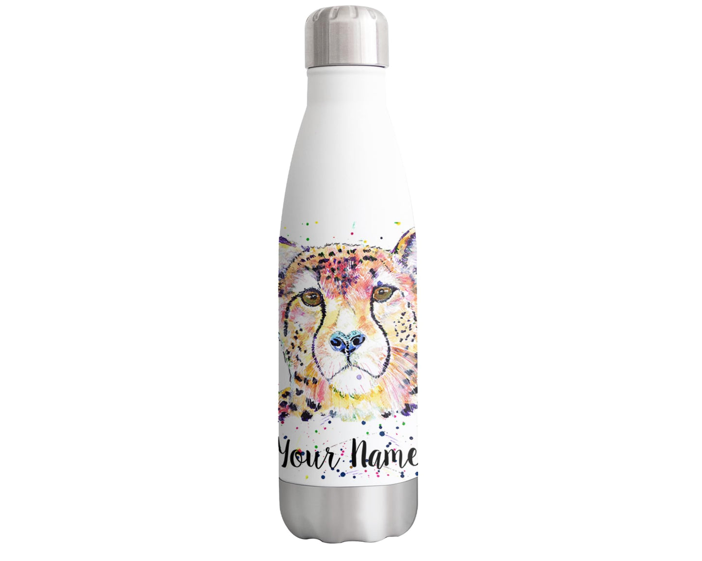 Vixar Cheetah Personalised Custom Bottle with your Text/name Big Cat safari Animals Watercolour Art animals Bottle double Wall insulated Stainless steel sport Drinks 500ml