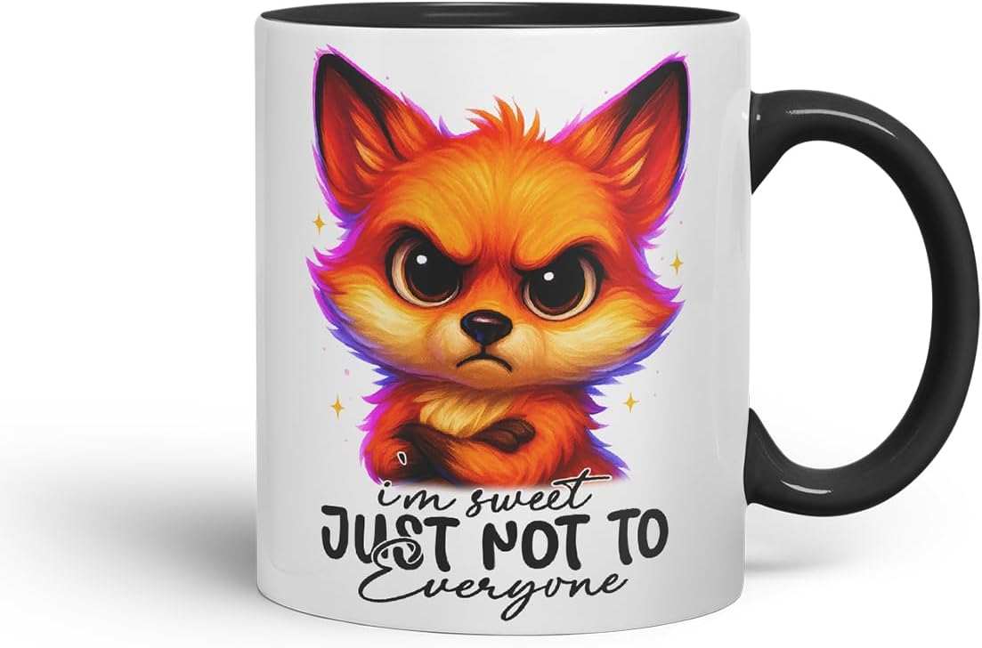 Vixar I'm Sweet Just Not to Everyone Sarcastic Fox – Coloured Ceramic Mug Cup Gift, 11oz (Black)