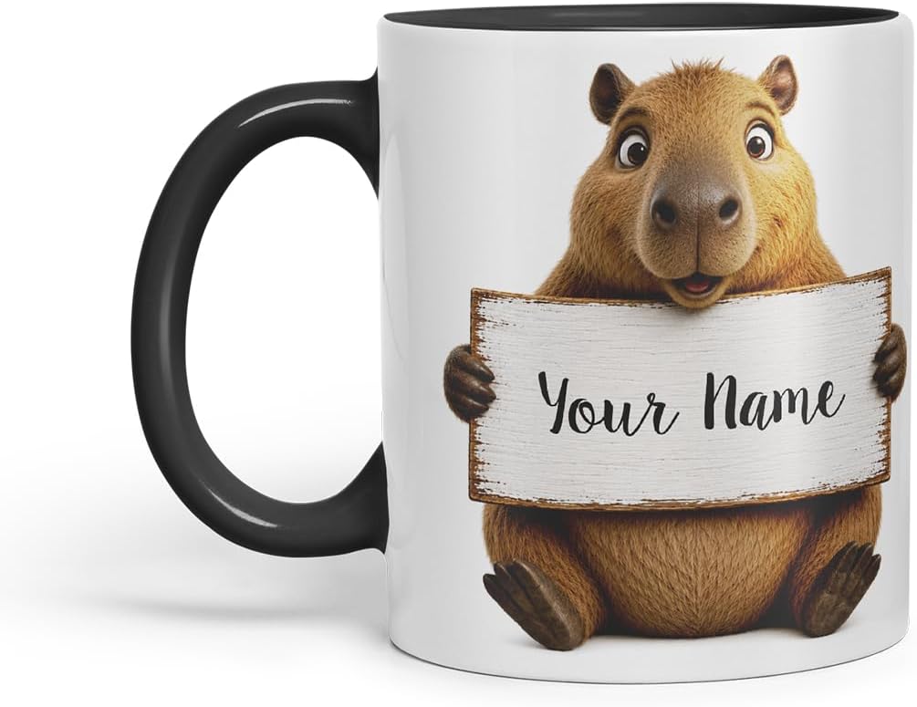 Vixar Personalised Capybara Mug with Name or Custom Message – Cute Animal Coloured Ceramic Mug Cup Gift, 11oz (Black)