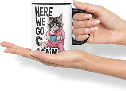 Vixar Here We Go Again Grumpy Cat Mug – Coloured Ceramic Mug Cup Gift, 11oz (Black)