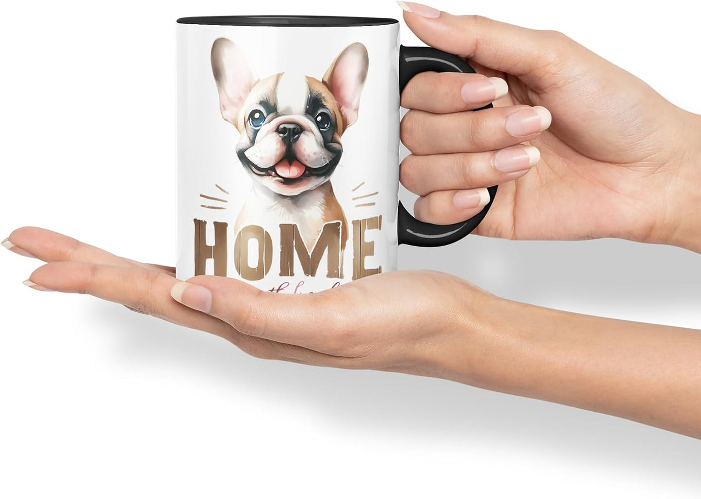 Vixar Home is Where The Frenchie is French Bulldog Mug – Coloured Ceramic Mug Cup Gift, 11oz (Black)