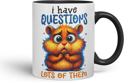 Vixar I Have Questions Lots of Them Funny Hamster Mug – Coloured Ceramic Mug Cup Gift, 11oz (Black)