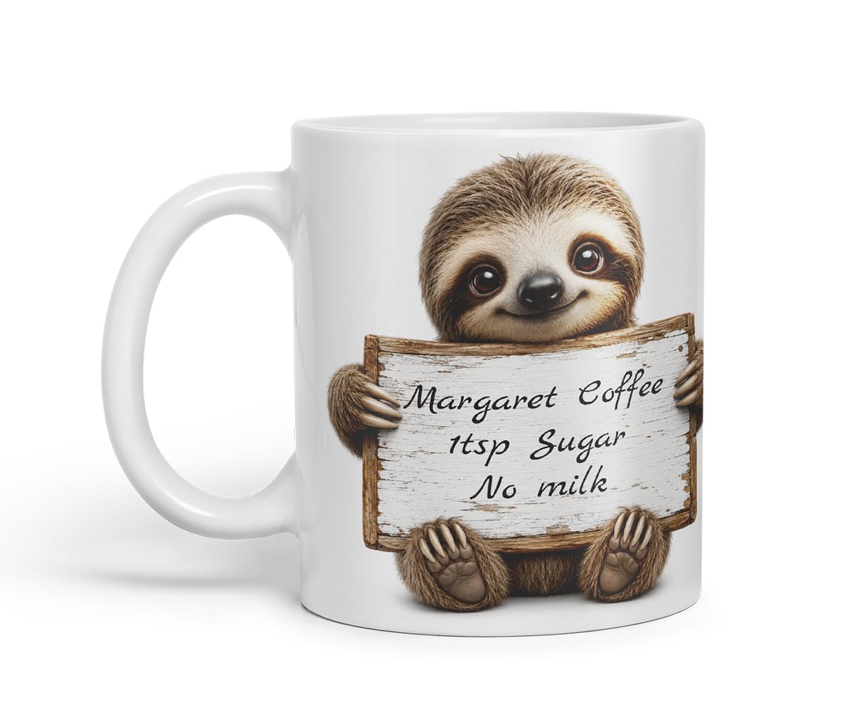 Vixar Personalised Sloth Mug with Name or Custom Message – Cute Animal Coloured Ceramic Mug Cup Gift, 11oz (Black)
