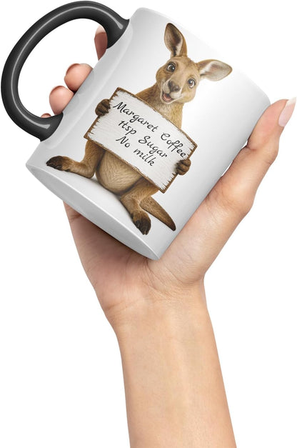 Vixar Personalised Kangaroo Mug with Name or Custom Message – Cute Animal Coloured Ceramic Mug Cup Gift, 11oz (Black)
