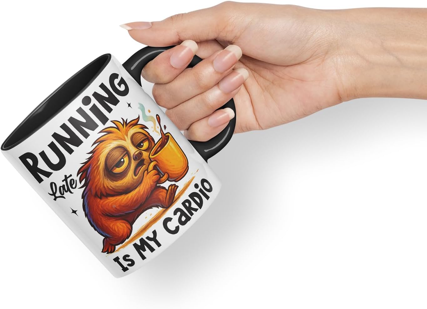 Vixar Running Late is My Cardio Funny Sloth Coffee Mug – Coloured Ceramic Mug Cup Gift, 11oz (Black)