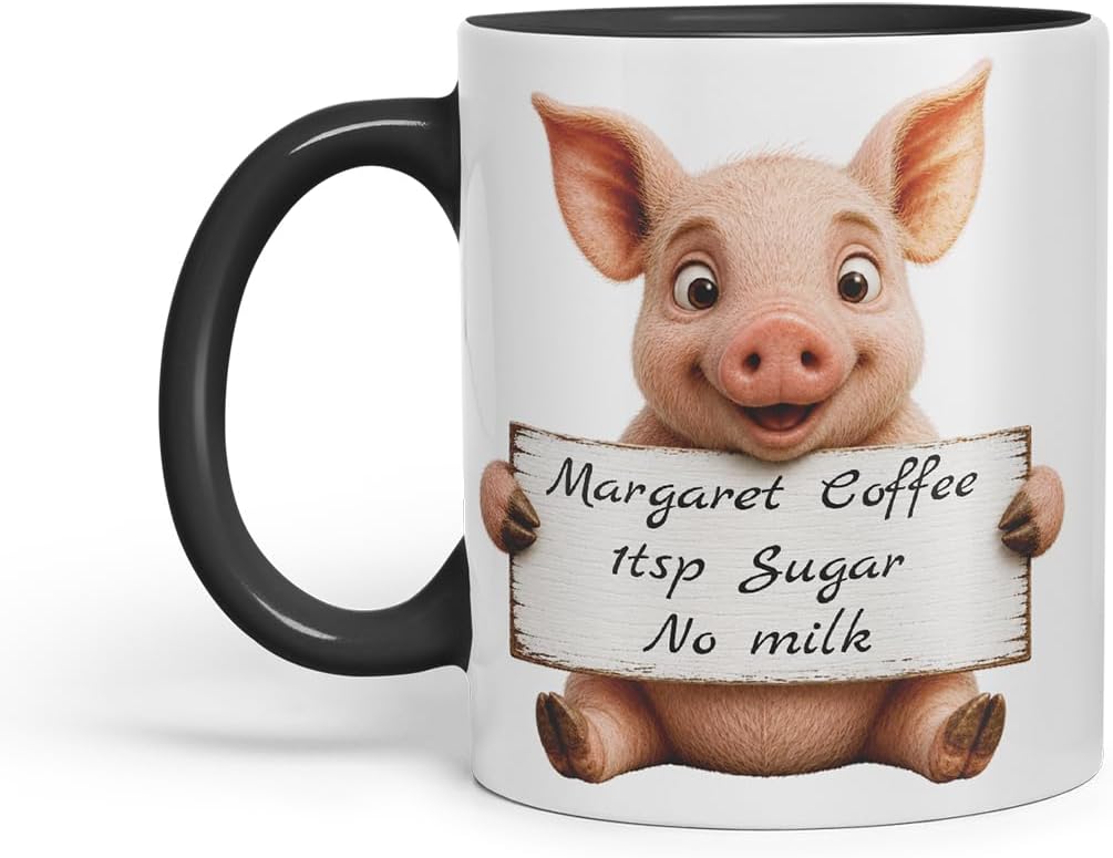 Vixar Personalised Pig Mug with Name or Custom Message – Cute Animal Coloured Ceramic Mug Cup Gift, 11oz (Black)