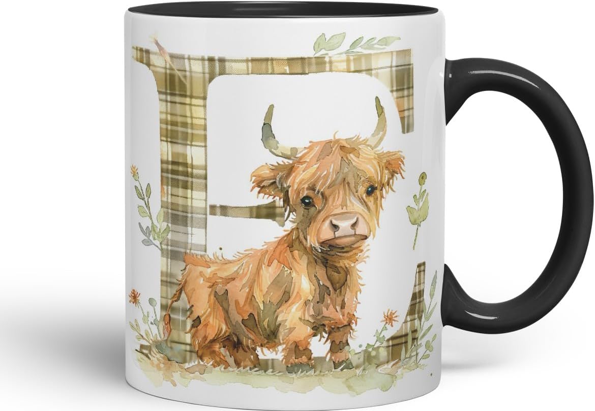 Vixar Highland Cow Alphabet Monogram Coloured Ceramic Cup Mug – Letter E – Rustic Farmhouse Animal Letter Gift – 11oz (Black)