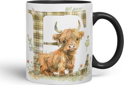 Vixar Highland Cow Alphabet Monogram Coloured Ceramic Cup Mug – Letter E – Rustic Farmhouse Animal Letter Gift – 11oz (Black)