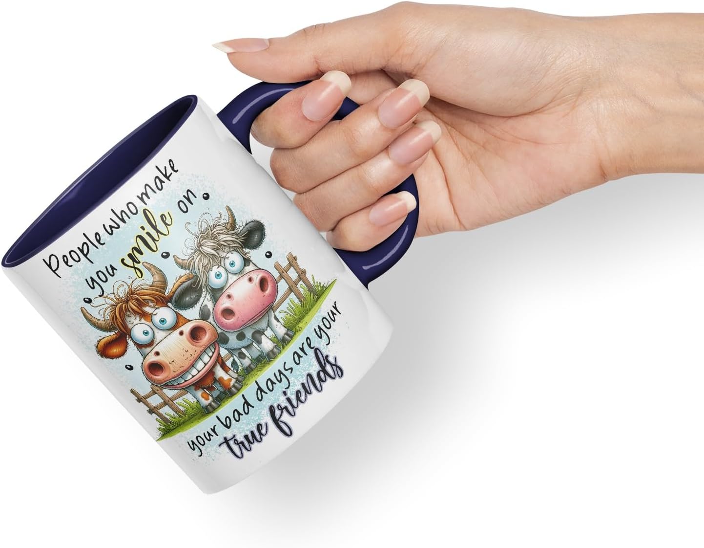 Vixar People Who Make You Smile On Your Bad Days are Your True Friends Funny Highland Cow Coloured Mug Cup 11oz (Black)