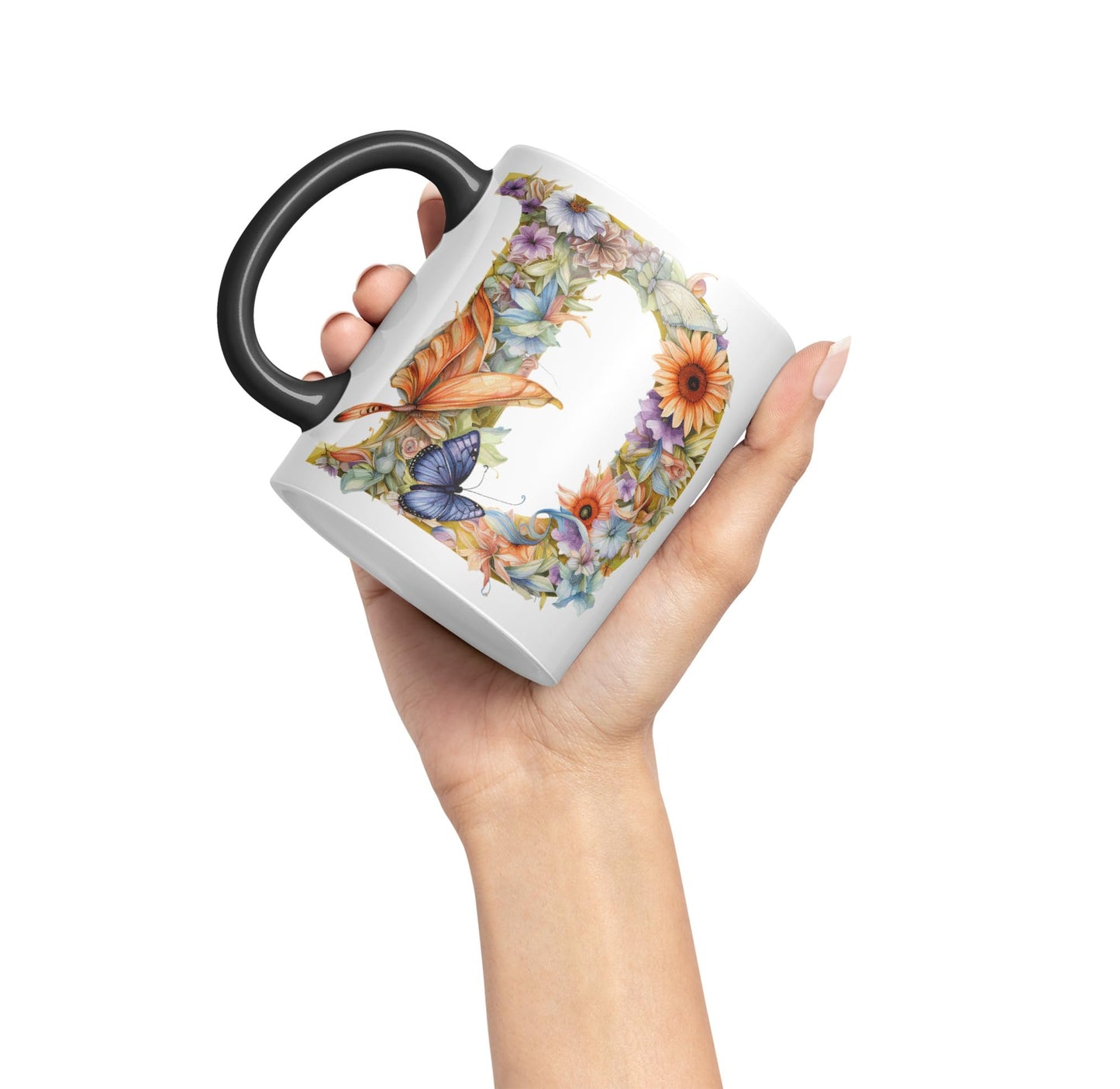 Letter D mug, Floral flowers butterfly Alphabet Letter D Monogram watercolour Ceramic Coloured Mug Cup for Tea Coffee Hot brew 330ml 11Oz Gift