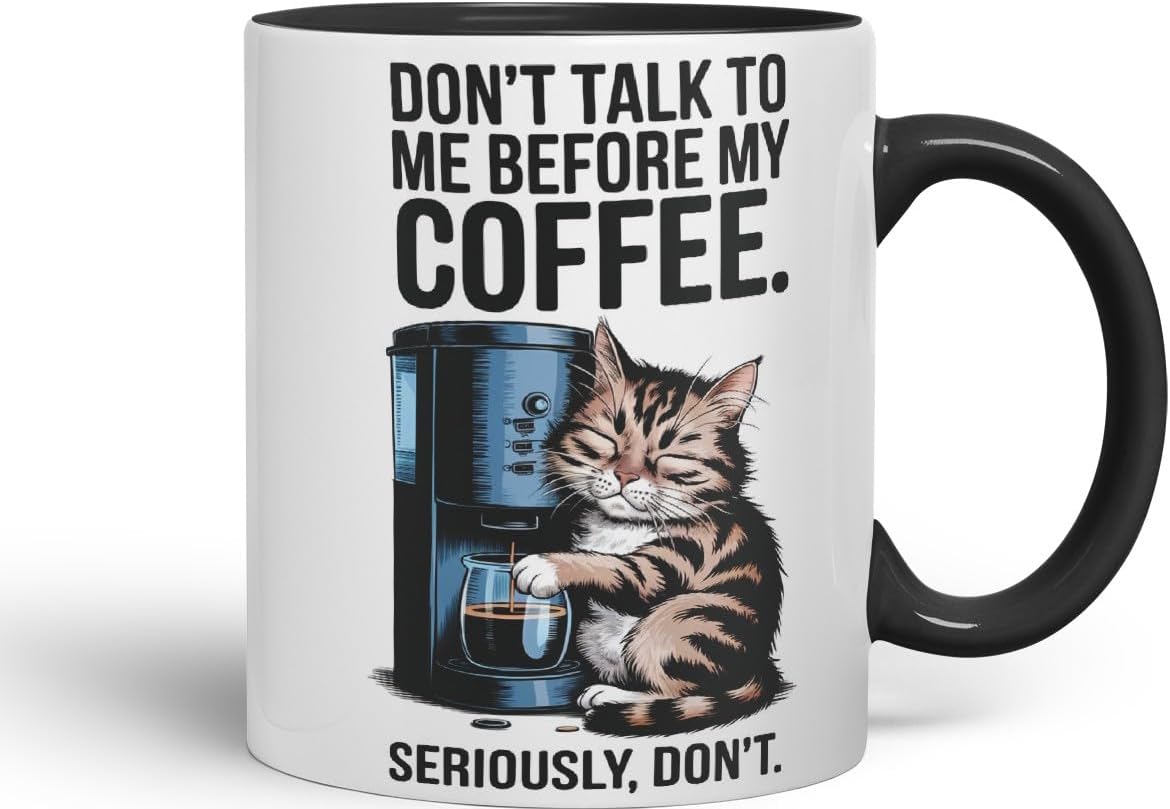 Vixar Don’t Talk to Me Before My Coffee Cat Mug – Coloured Ceramic Mug Cup Gift, 11oz (Black)