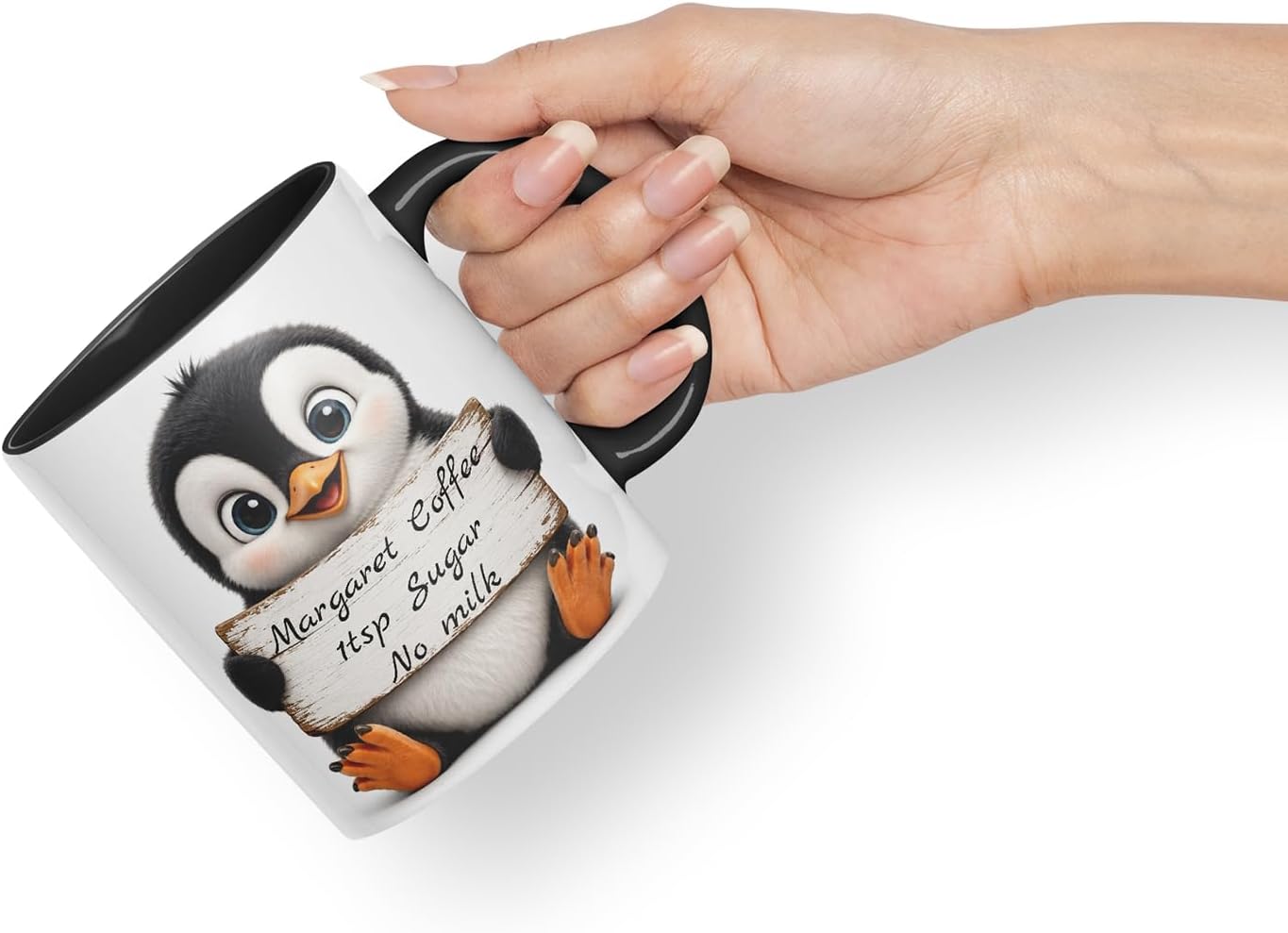 Vixar Personalised Penguin Mug with Name or Custom Message – Cute Animal Coloured Ceramic Mug Cup Gift, 11oz (Black)