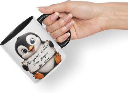 Vixar Personalised Penguin Mug with Name or Custom Message – Cute Animal Coloured Ceramic Mug Cup Gift, 11oz (Black)