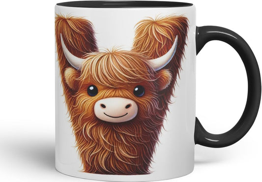 Highland Cow Alphabet Monogram Coloured Ceramic Cup Mug Letter V Rustic Farmhouse Animal Letter Gift V2 11oz (Black)