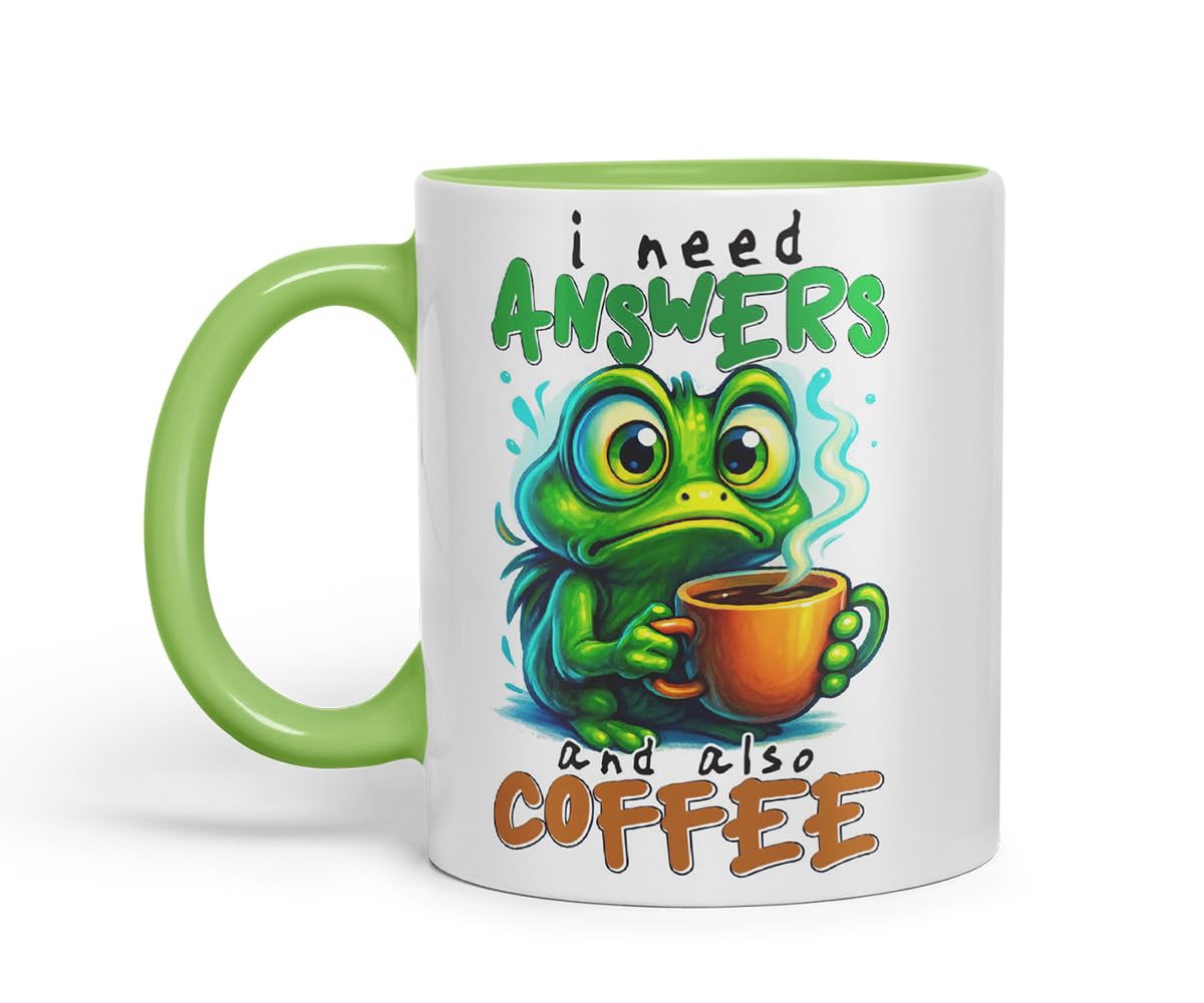 Vixar I Need Answers and Also Coffee Funny Frog Mug – Coloured Ceramic Mug Cup Gift, 11oz (Black)