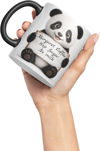 Vixar Personalised Panda Mug with Name or Custom Message – Cute Animal Coloured Ceramic Mug Cup Gift, 11oz (Black)