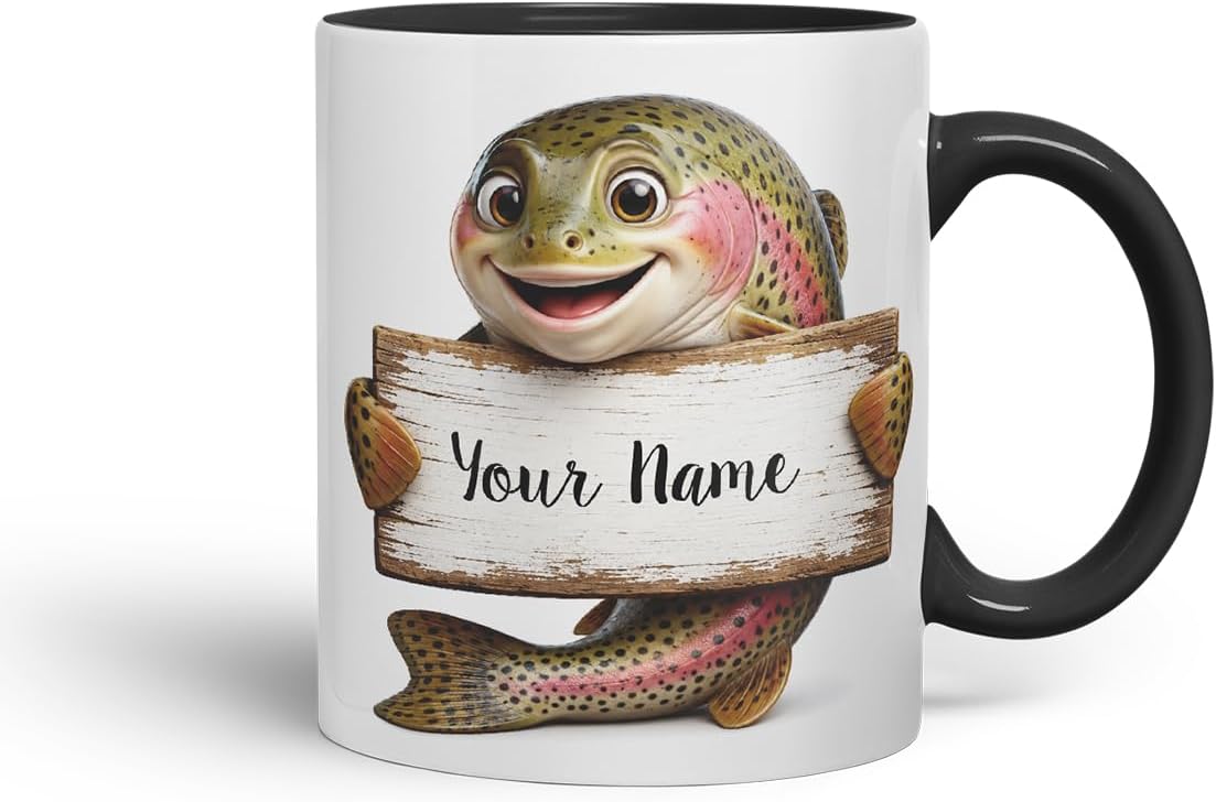 Vixar Personalised Trout Fish Mug with Name or Custom Message – Cute Animal Coloured Ceramic Mug Cup Gift, 11oz (Black)