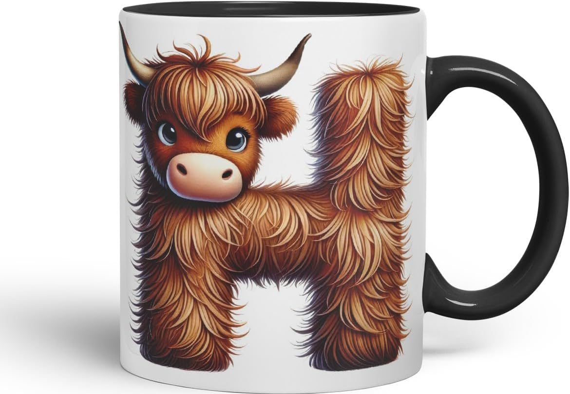Highland Cow Alphabet Monogram Coloured Ceramic Cup Mug Letter H Rustic Farmhouse Animal Letter Gift V2 11oz (Black)