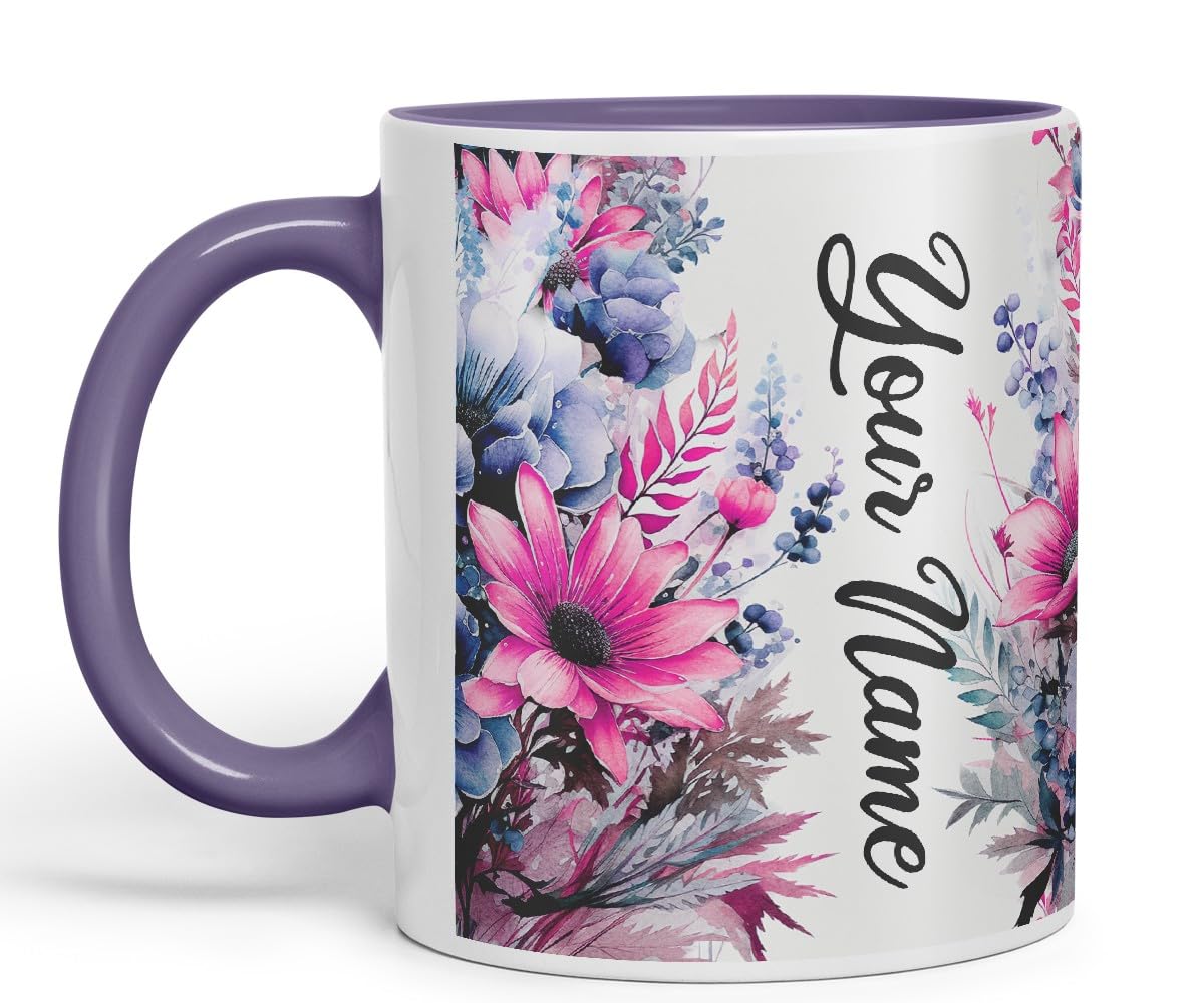 Vixar Personalised Purple Floral Mug – Custom Your Name Coloured Ceramic Mug Cup Gift, 11oz (Black)