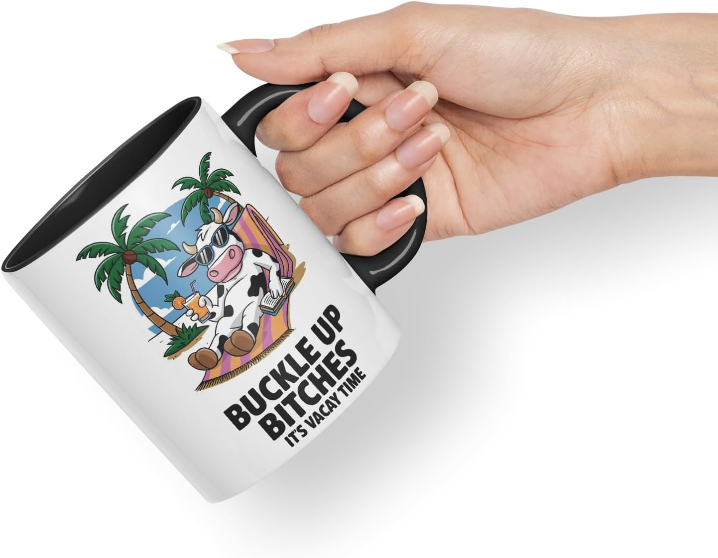 Vixar Buckle Up Bit... It’s Vacay Time Cow Coloured Ceramic Mug Cup Gift, 11oz (Black)
