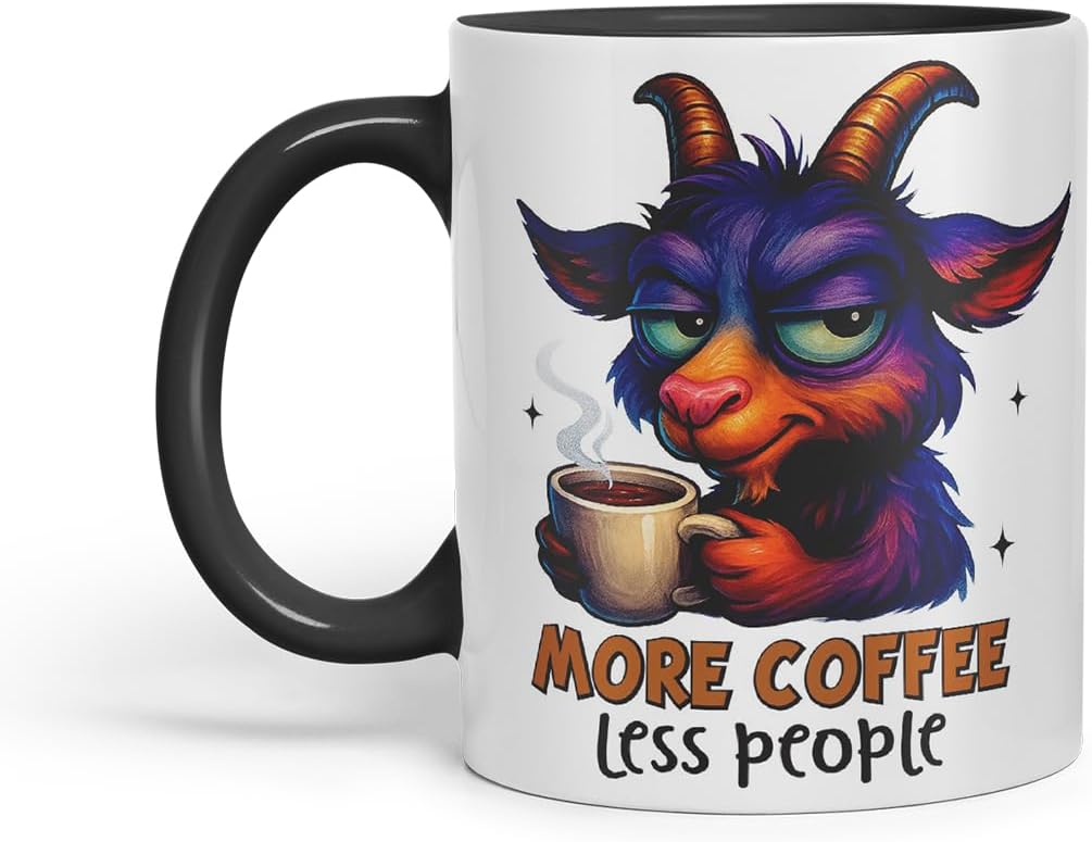 Vixar More Coffee Less People Funny Goat Mug – Coloured Ceramic Mug Cup Gift, 11oz (Black)