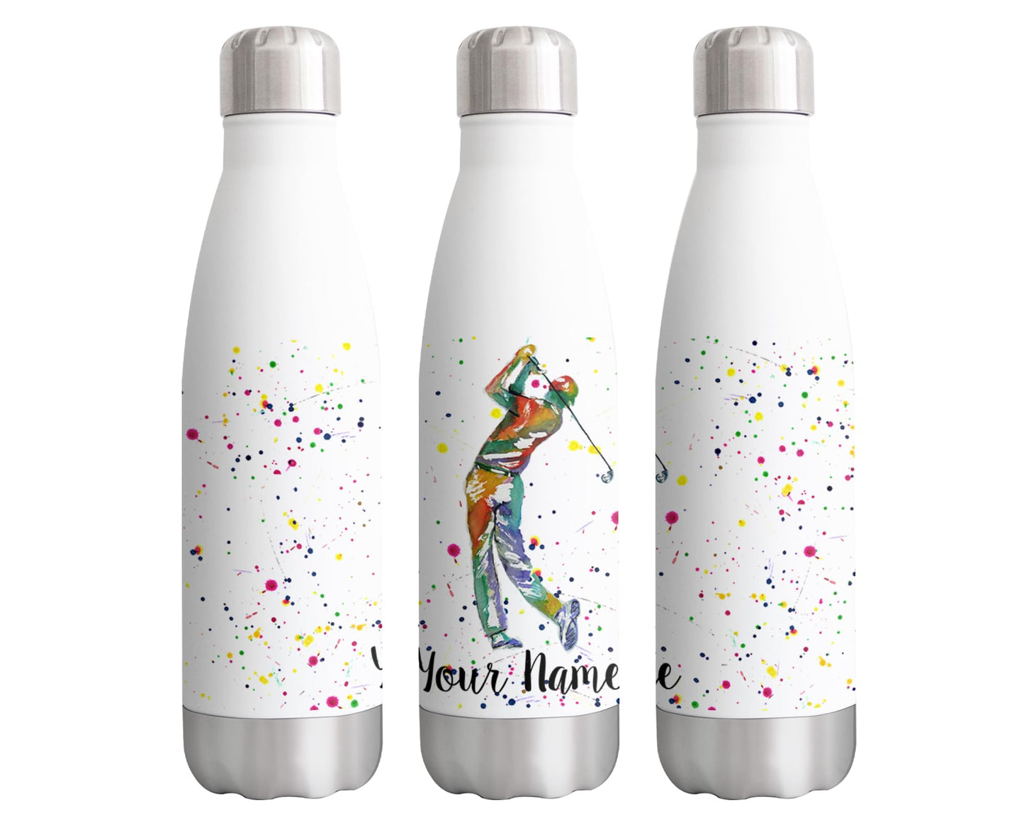 Vixar Golfer Personalised Custom Bottle with your Text/name Golf sport Watercolour Bottle Double Wall Insulated Stainless Steel Sport Drinks 500ml