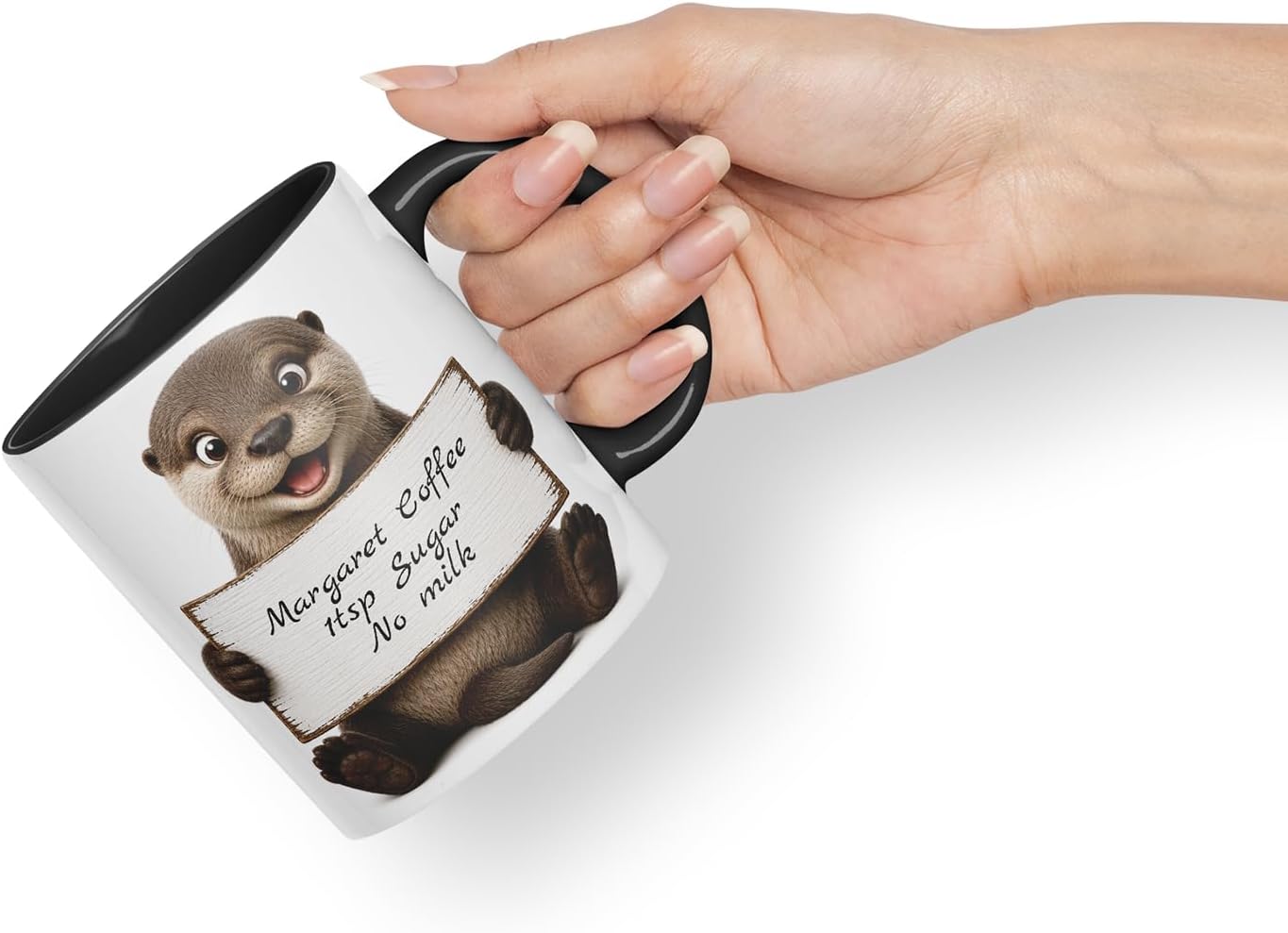 Vixar Personalised Otter Mug with Name or Custom Message – Cute Animal Coloured Ceramic Mug Cup Gift, 11oz (Black)