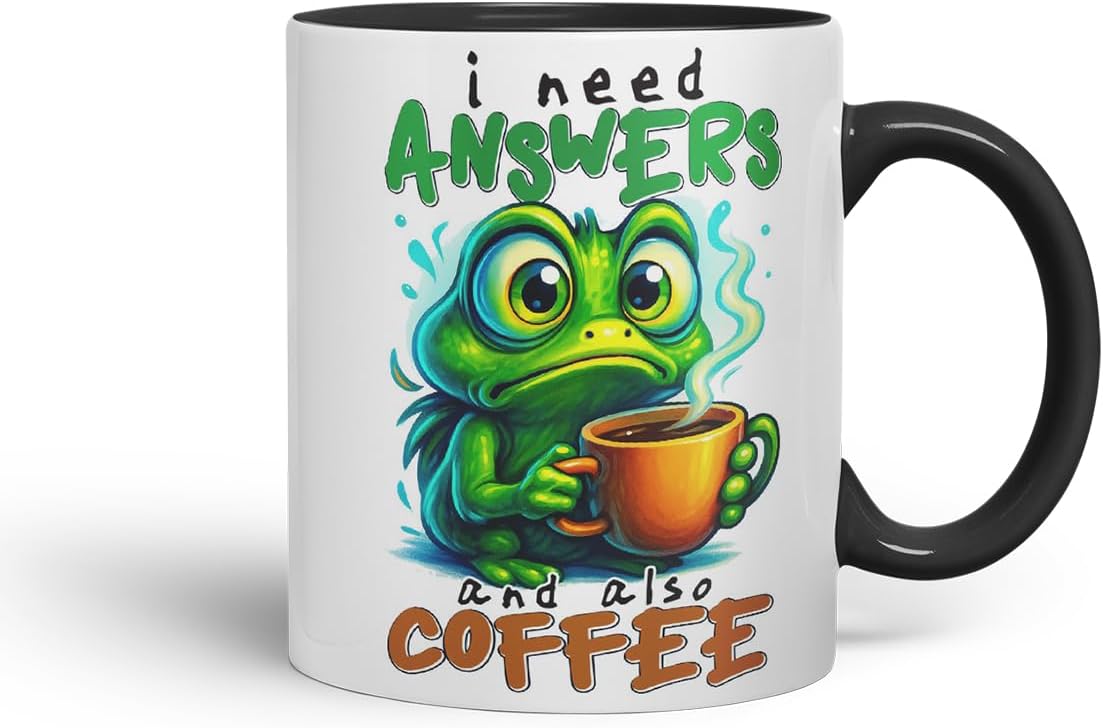 Vixar I Need Answers and Also Coffee Funny Frog Mug – Coloured Ceramic Mug Cup Gift, 11oz (Black)
