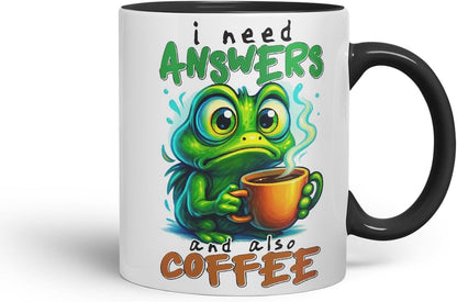 Vixar I Need Answers and Also Coffee Funny Frog Mug – Coloured Ceramic Mug Cup Gift, 11oz (Black)