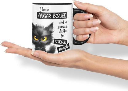 Vixar Funny Black Cat Anger Issues Sarcastic Mug – Coloured Ceramic Mug Cup Gift, 11oz (Black)