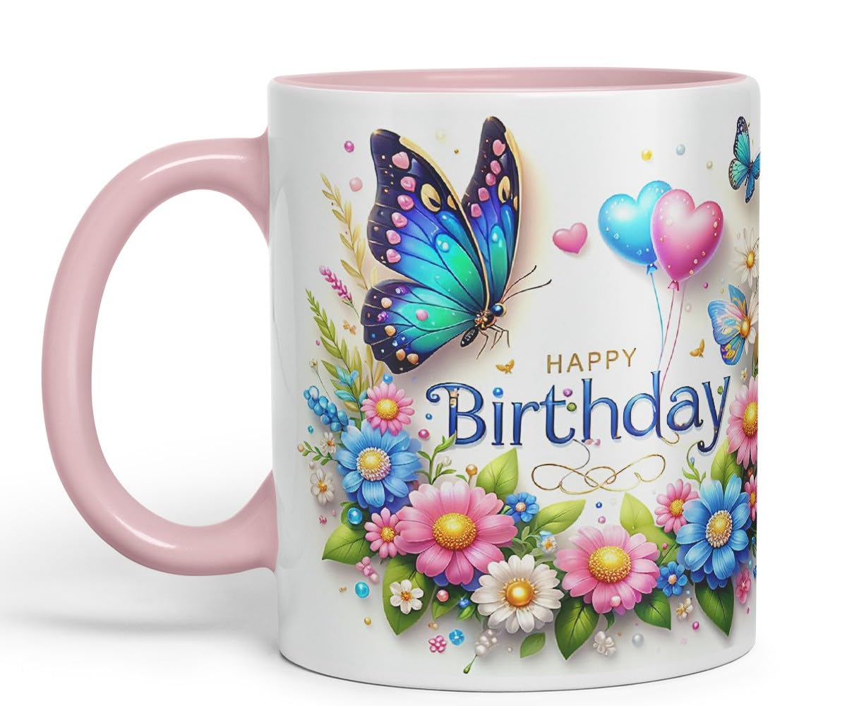 Vixar Happy Birthday Butterfly Floral Design Coloured Ceramic Mug Cup Gift 11oz V1 (Black)