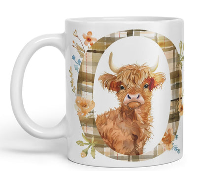 Vixar Highland Cow Alphabet Monogram Coloured Ceramic Cup Mug – Letter O – Rustic Farmhouse Animal Letter Gift – 11oz (Black)